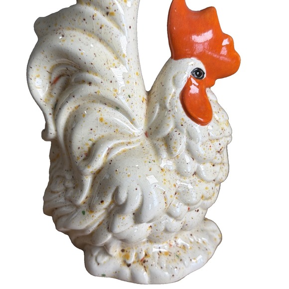 Pair Of 12" Tall Cream/yellow/orange Speckle MCM Rooster And Hen (hen Damaged) - Picture 12 of 16